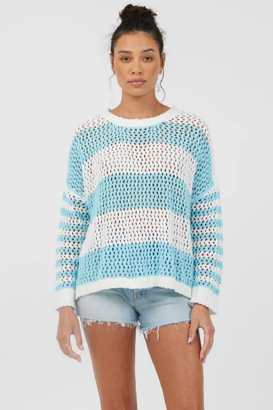 Ripped and distressed women's sweaterTropical Turquoise Striped Netted Crewneck