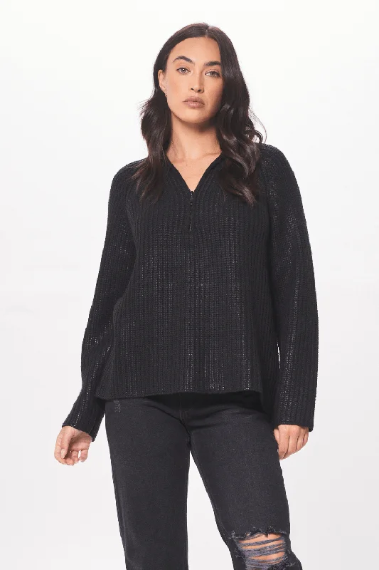 Tunic-style women's sweaterBlack Coated Quarter Zip Sweater