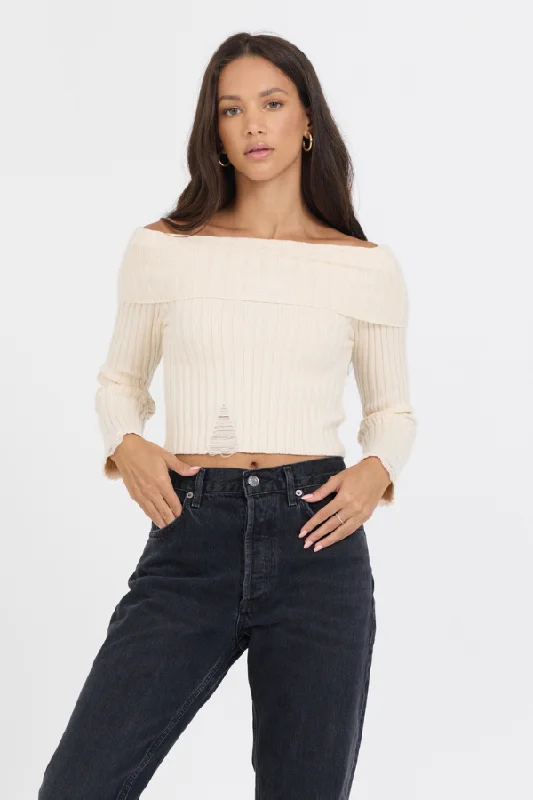 Lace-up women's sweaterIvory Distressed Off Shoulder Sweater