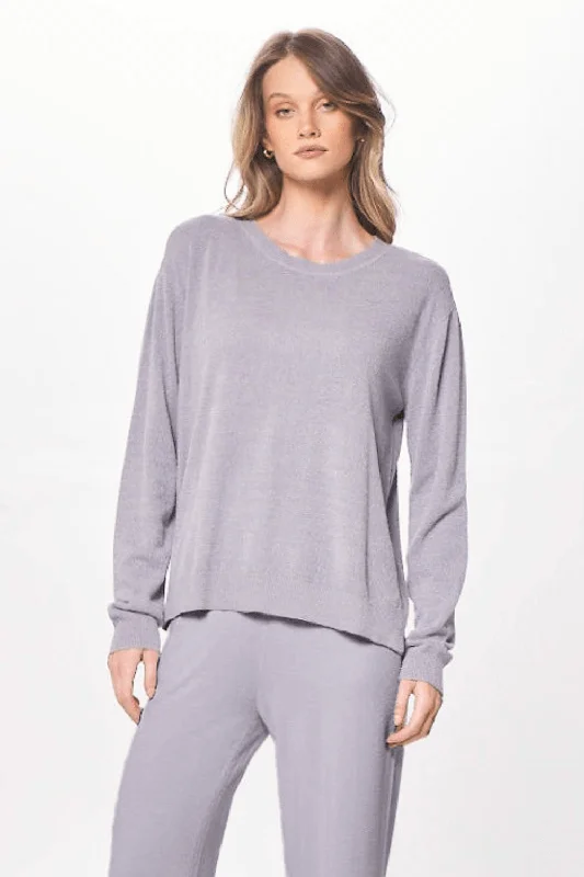 One-shoulder women's sweaterCool Grey Plush Knit Crewneck