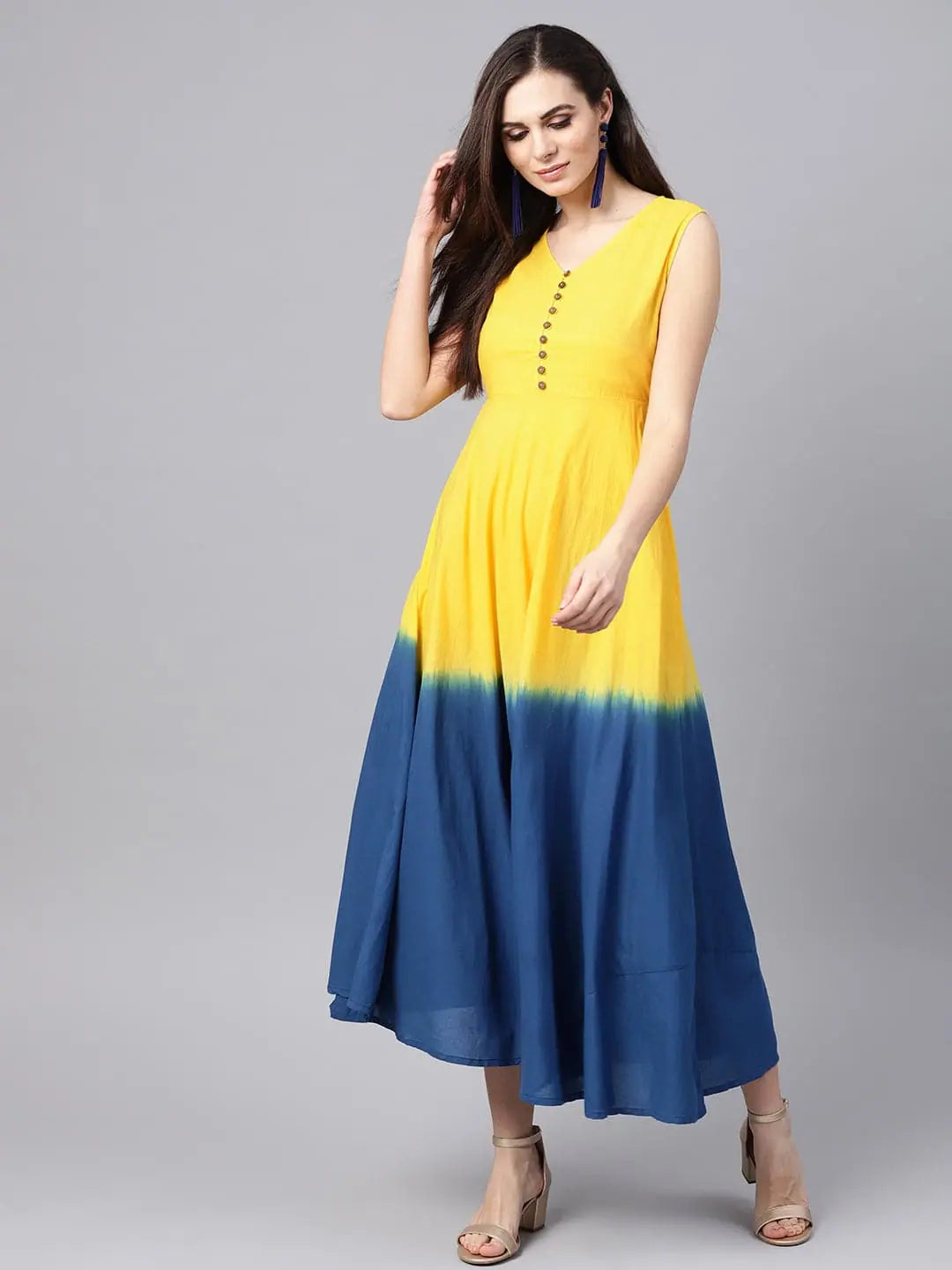 Autumn dresses for fall fashionYellow & Navy Ombre Flared Maxi