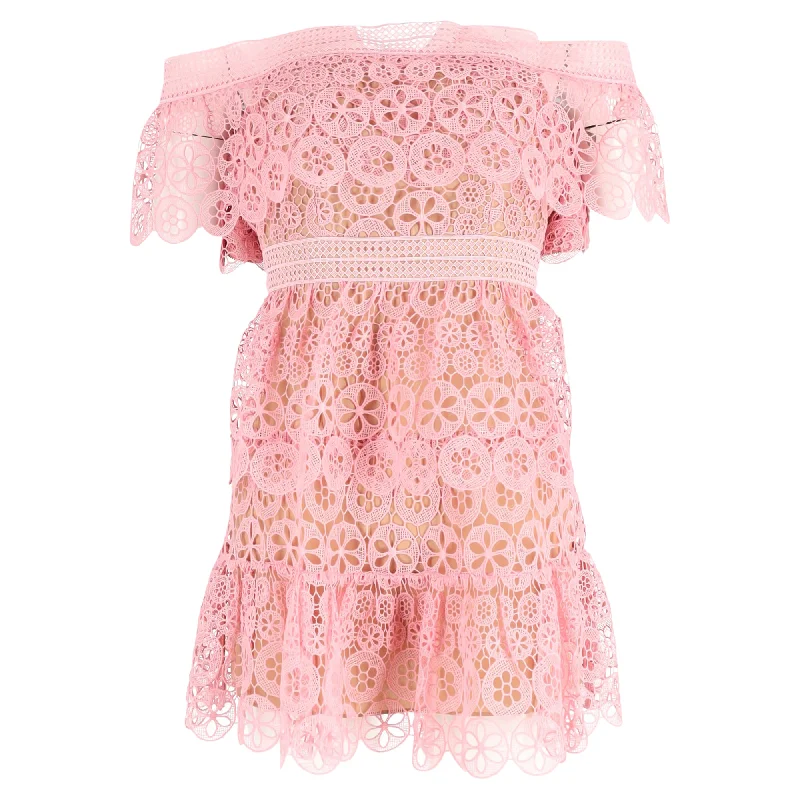 Silk dresses for womenSelf-Portrait Guipure Lace Off Shoulder Mini Dress in Pink Polyester