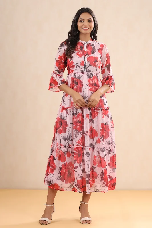 Sweetheart neckline dresses for womenJuniper Pink Floral Printed Chiffon Maxi Dress With Buttons & Beads