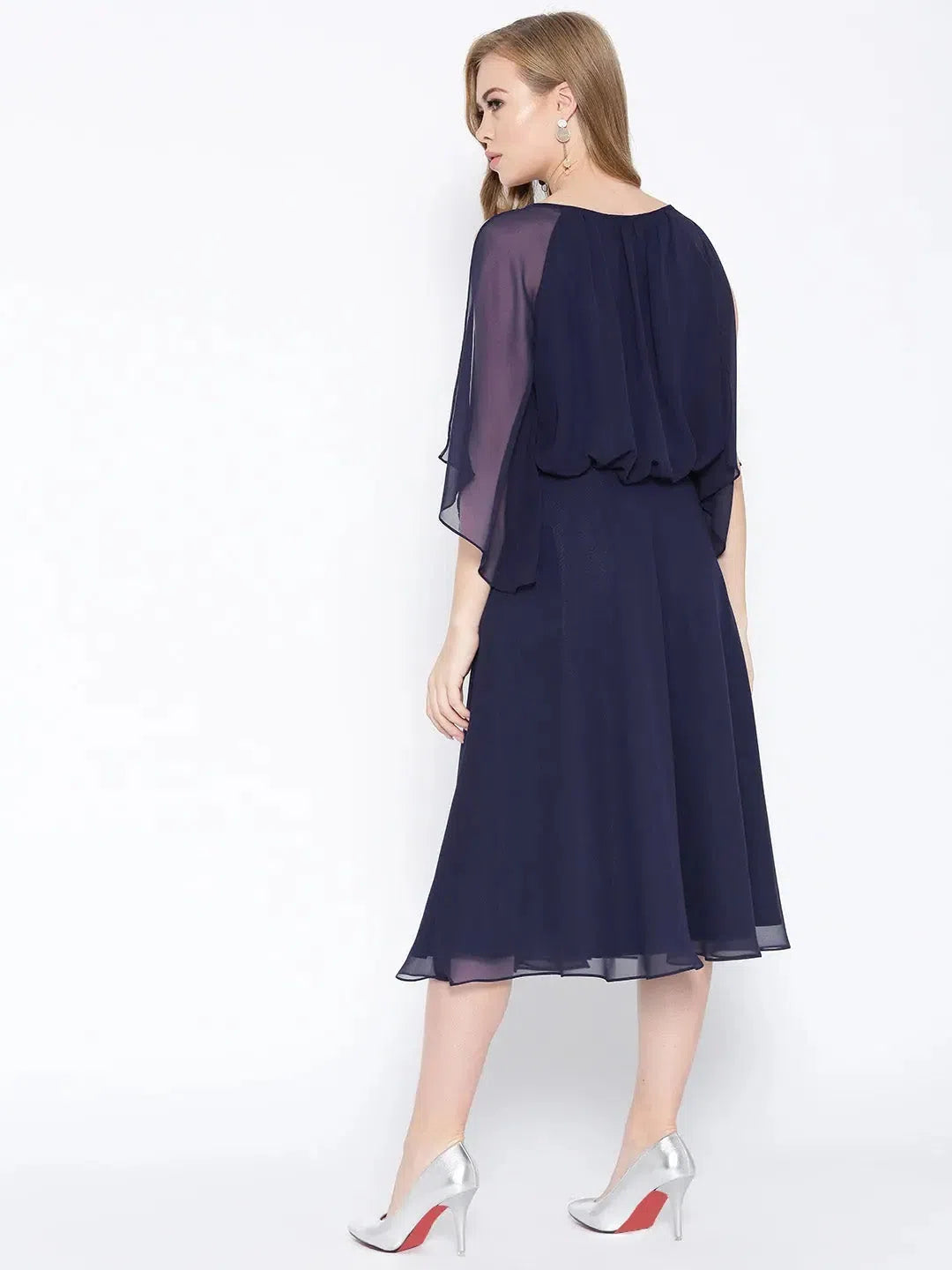 Velvet dresses for womenFlared midi dress with blouson yoke in Midnight Blue