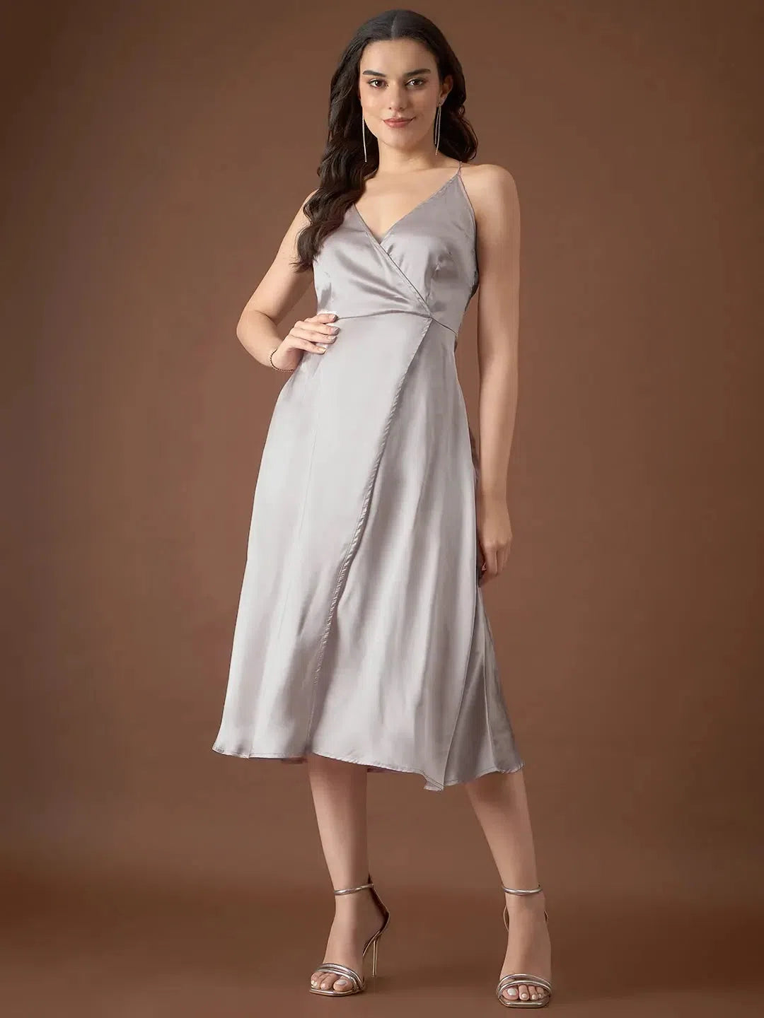 Party dresses for womenOverlap neck Flared midi Dress in Silver Color