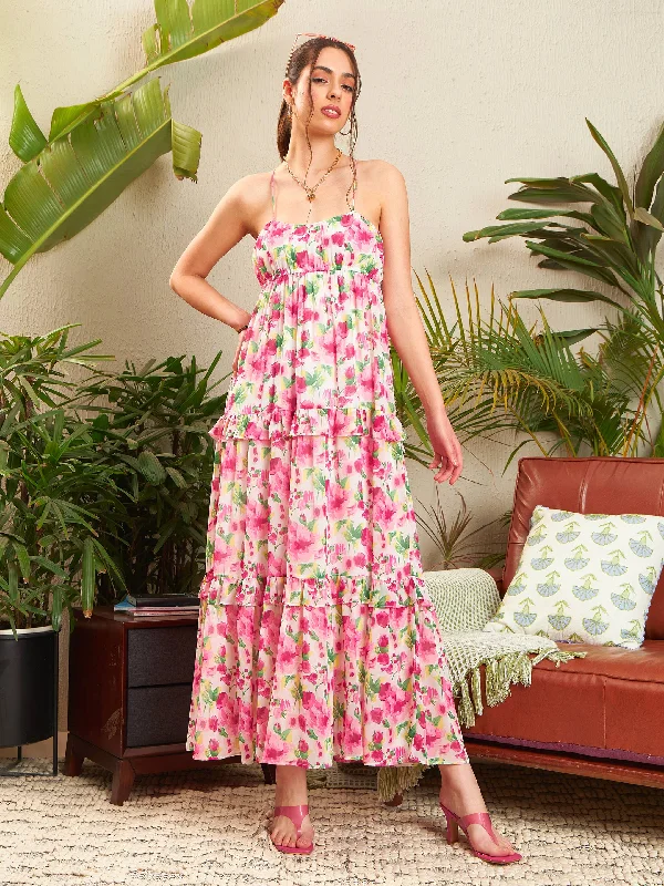 Layering dresses for versatile stylingWomen Pink Floral Strappy Ruflle Maxi Dress