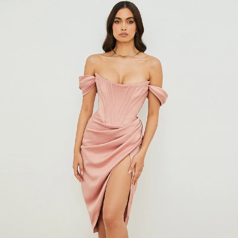 Mini dresses for womenSilky Satin Off Shoulder High Slit Drape Corset Midi Dress - Pink