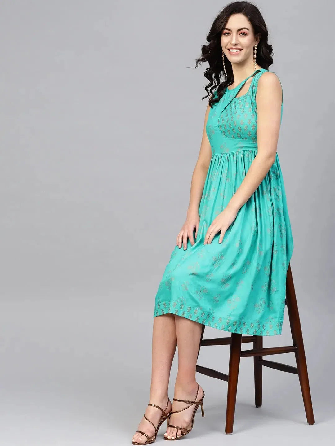 High-neck dresses for womenPrinted Midi Dress with asymmetric overlap neck in Mint Blue