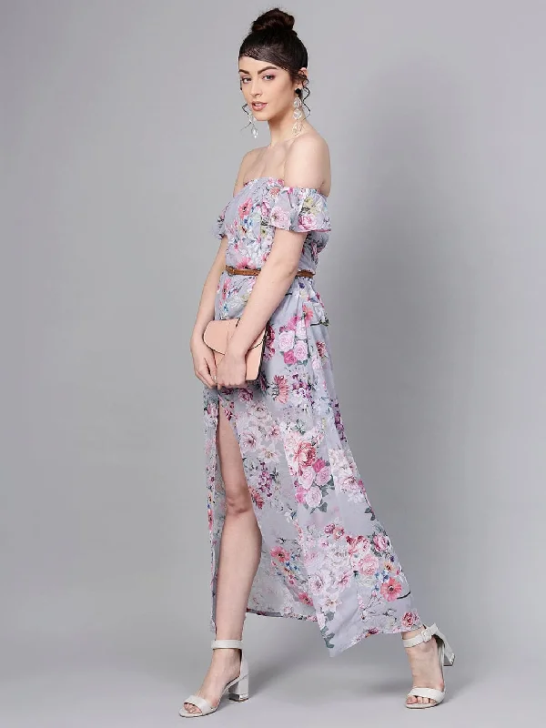 Godet dresses for womenGrey Floral Off Shoulder Belted Maxi