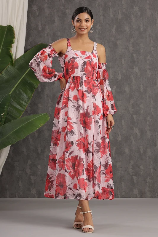 One-shoulder dresses for womenJuniper Light Pink Floral Printed Chiffon Maxi Dress With Adjustable Straps & Cold Shoulder