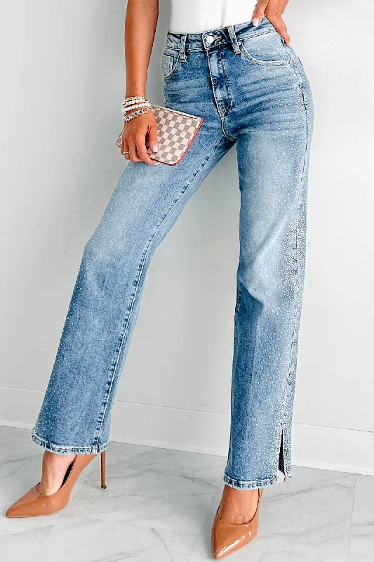 Jeans with a relaxed fit for everyday comfortGarrison High Rise Rhinestone Detail Straight Leg Special A Jeans (Medium Dark)