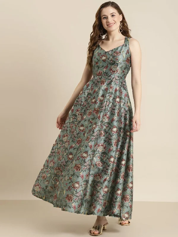 Women's casual dressesOlive Floral Sweetheart Anarkali Maxi Dress