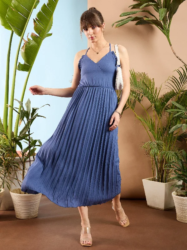 Batwing sleeve dresses for womenWomen Blue Strappy Pleated Maxi Dress