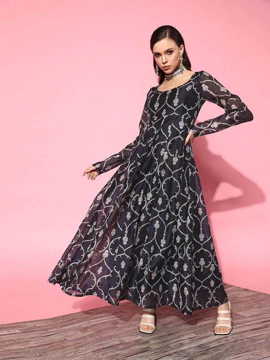 Transitional dresses for in-between seasonsWomen Blue Chanderi Mughal Floral Anarkali Maxi Dress