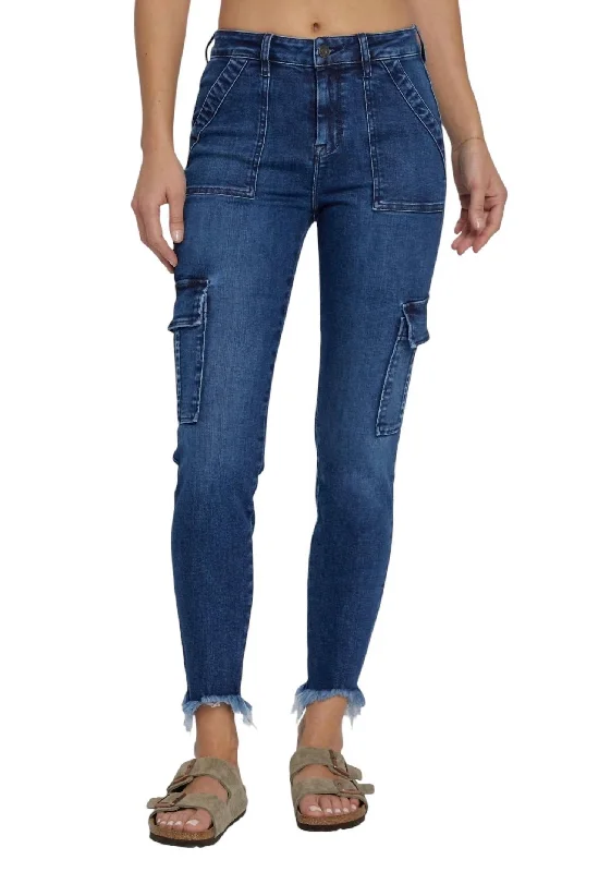 Jeans with a cropped length and distressed finish for a trendy and casual appearanceHigh Waist Cargo Cigarette Jeans In Dark Blue