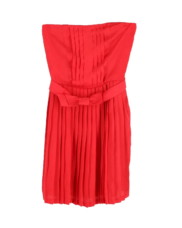 V-neck dresses for womenSandro Paris Pleated Strapless Mini Dress in Red Silk