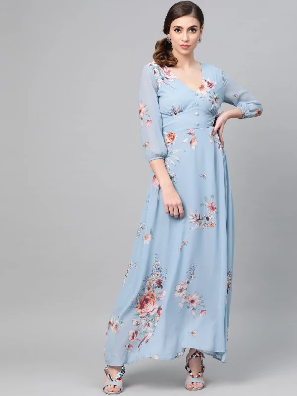 Handmade dresses for unique fashion statementsWomen Pale Blue Floral Flared Maxi Dress