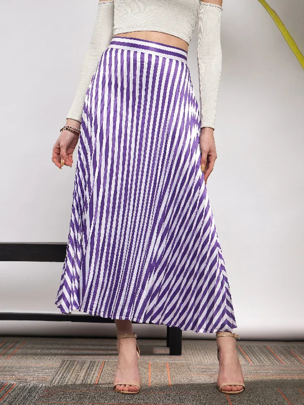 Velvet dresses for winterWomen Purple & White Satin Striped Accordion Pleated Maxi Skirt