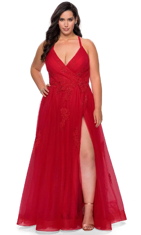 Cotton dresses for everyday wearLa Femme - 29021 Plunging V-neck Tulle Plus Size Prom Gown