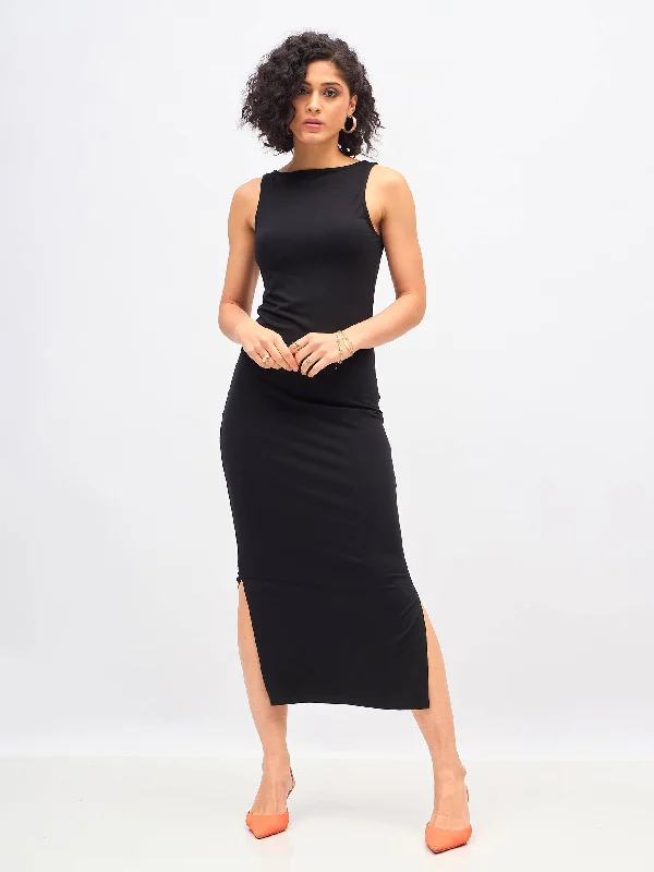 Leather dresses for womenWomen Black Boat Neck Bodycon Jersey Maxi Dress