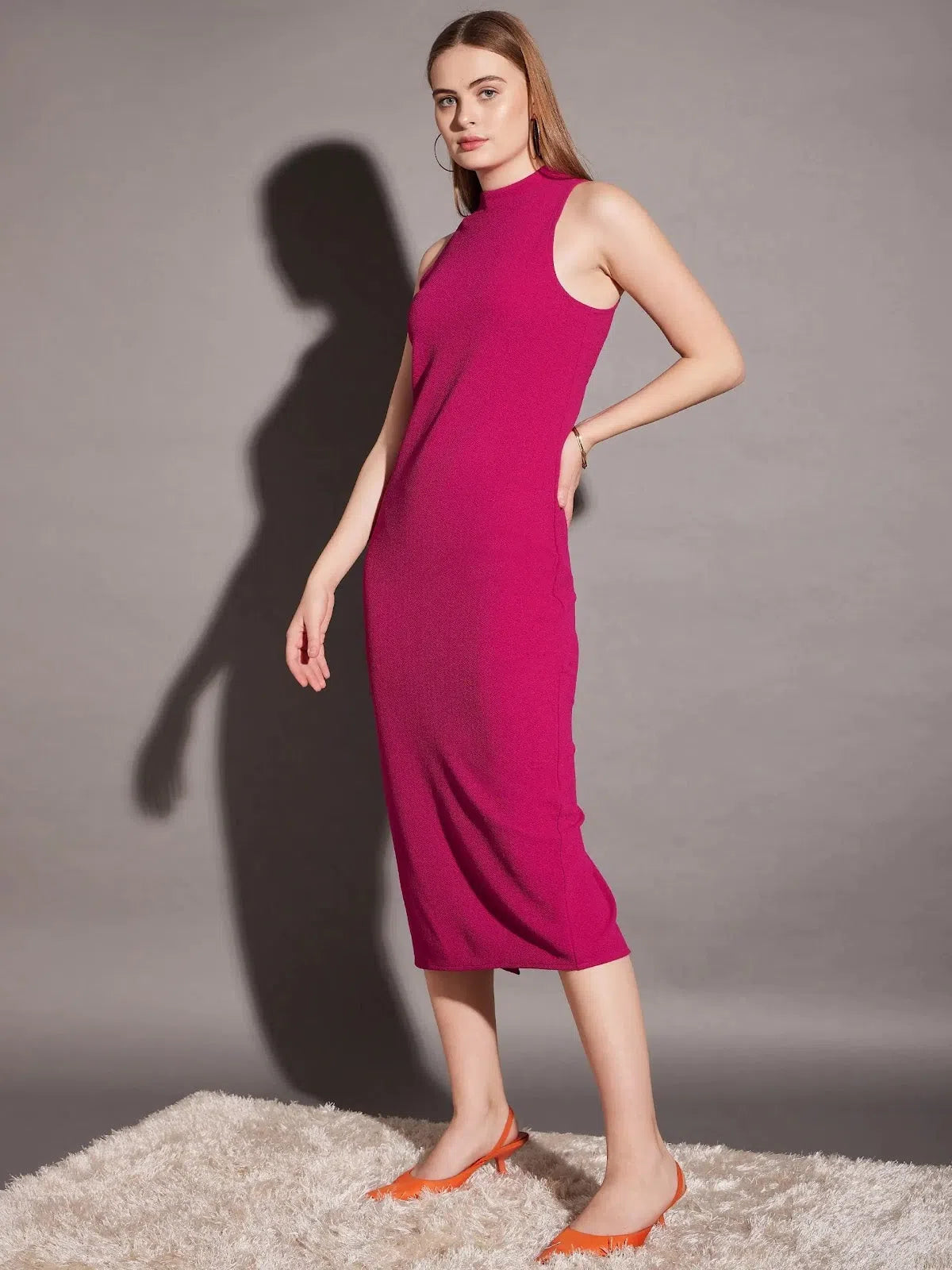 Wrap dresses for womenSleeveless high neck bodycon midi dress in Pink Color