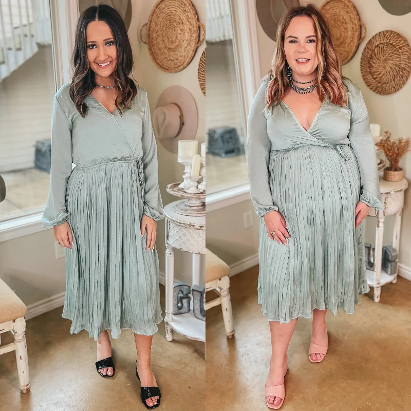 Autumn dresses for fall fashionLast Chance Size Medium | Bakersfield Brunch Long Sleeve Midi Dress with Pleated Skirt in Sage Green | ONLY 1 LEFT!