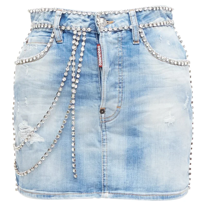 Peplum skirts for womenDsquared2 Distressed Denim Crystal Chain Embellished Mini Skirt