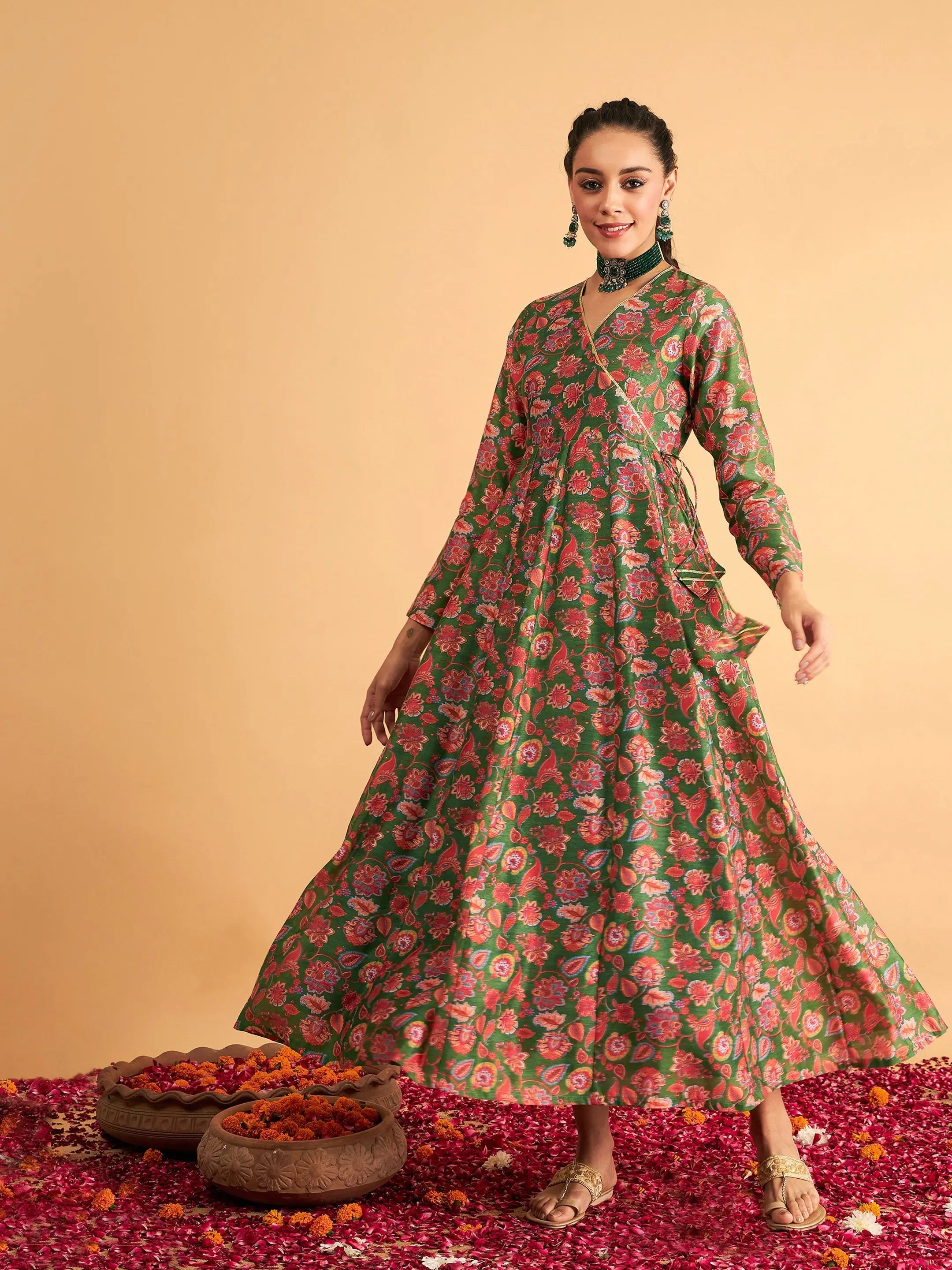 Tall women's dressesWomen Green Floral Wrap Anarkali Maxi Dress