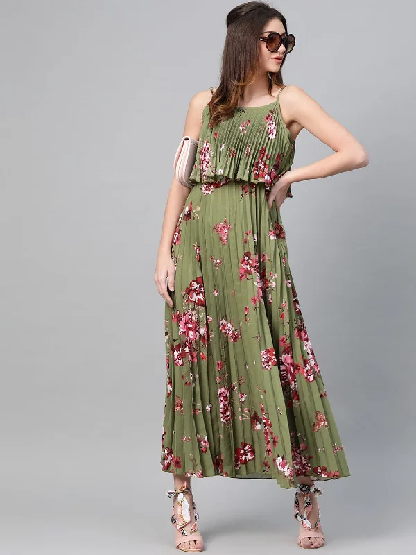 Low-cut dresses for womenOlive Floral Strappy Pleated Maxi Dress