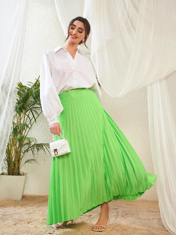 Denim dresses for womenWomen Green Satin Accordion Pleated Maxi Skirt