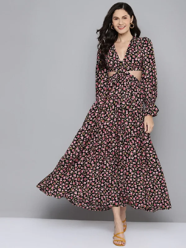 Polka dot dresses for womenWomen Black Ditsy Floral Waist Cut-Out Maxi Dress