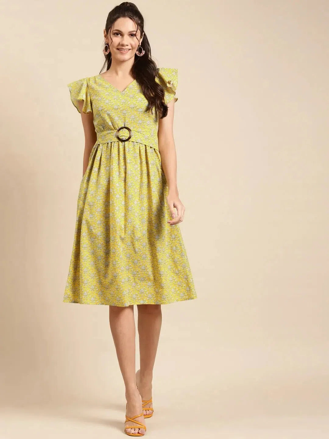 Peplum dresses for womenFrill sleeve printed midi dress with buckle belt in Yellow print