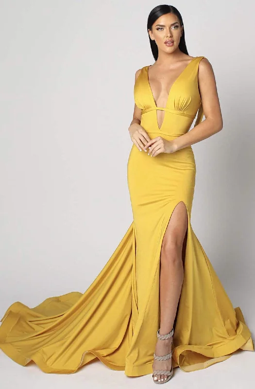 Linen dresses for summerNicole Bakti - 6989 Plunging Neck High Slit Long Train Mermaid Gown