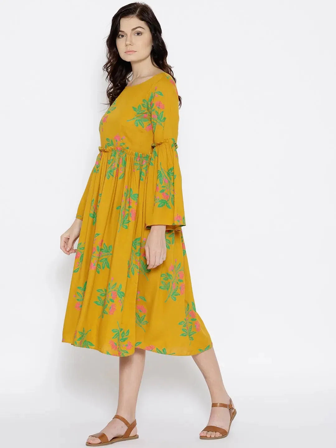 Checkered dresses for womenForal Print Midi Dress with bell sleeve in Mustard