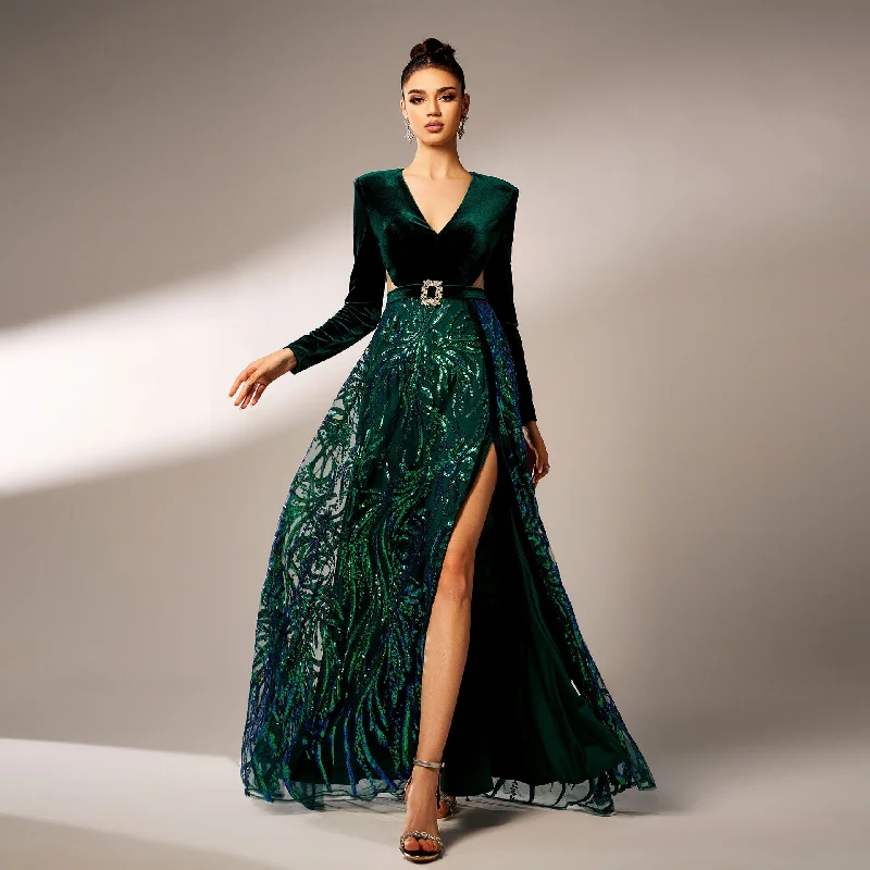 Statement dresses for making a fashion statementHigh slit sequin long sleeve maxi dress