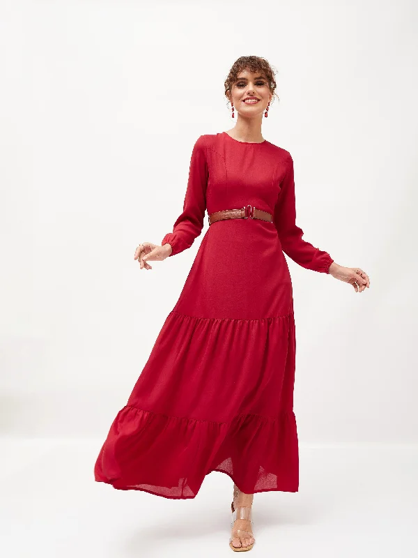 Vintage women's dressesWomen Maroon Belted Tiered Maxi Dress