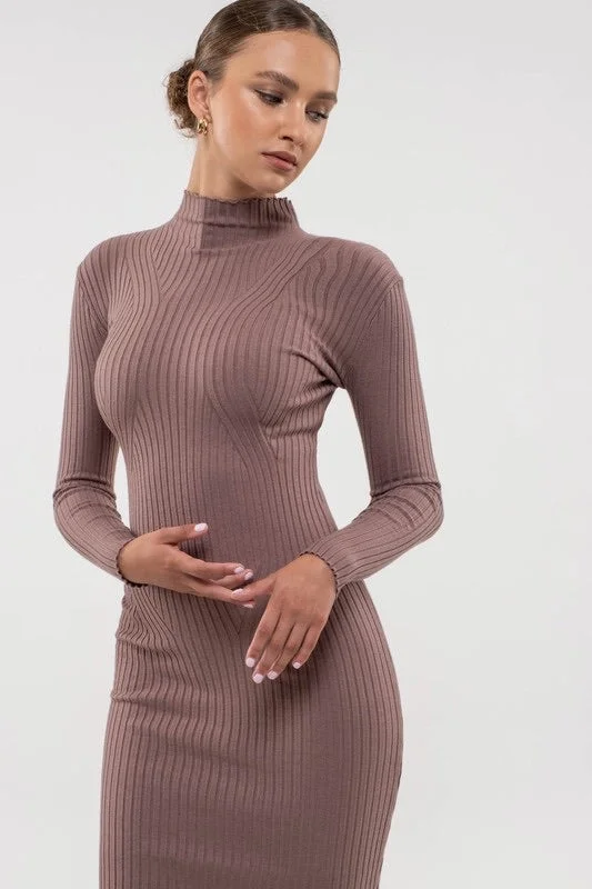 Vintage women's dressesMock Neck Long Sleeve Sweater Knit Midi Dress