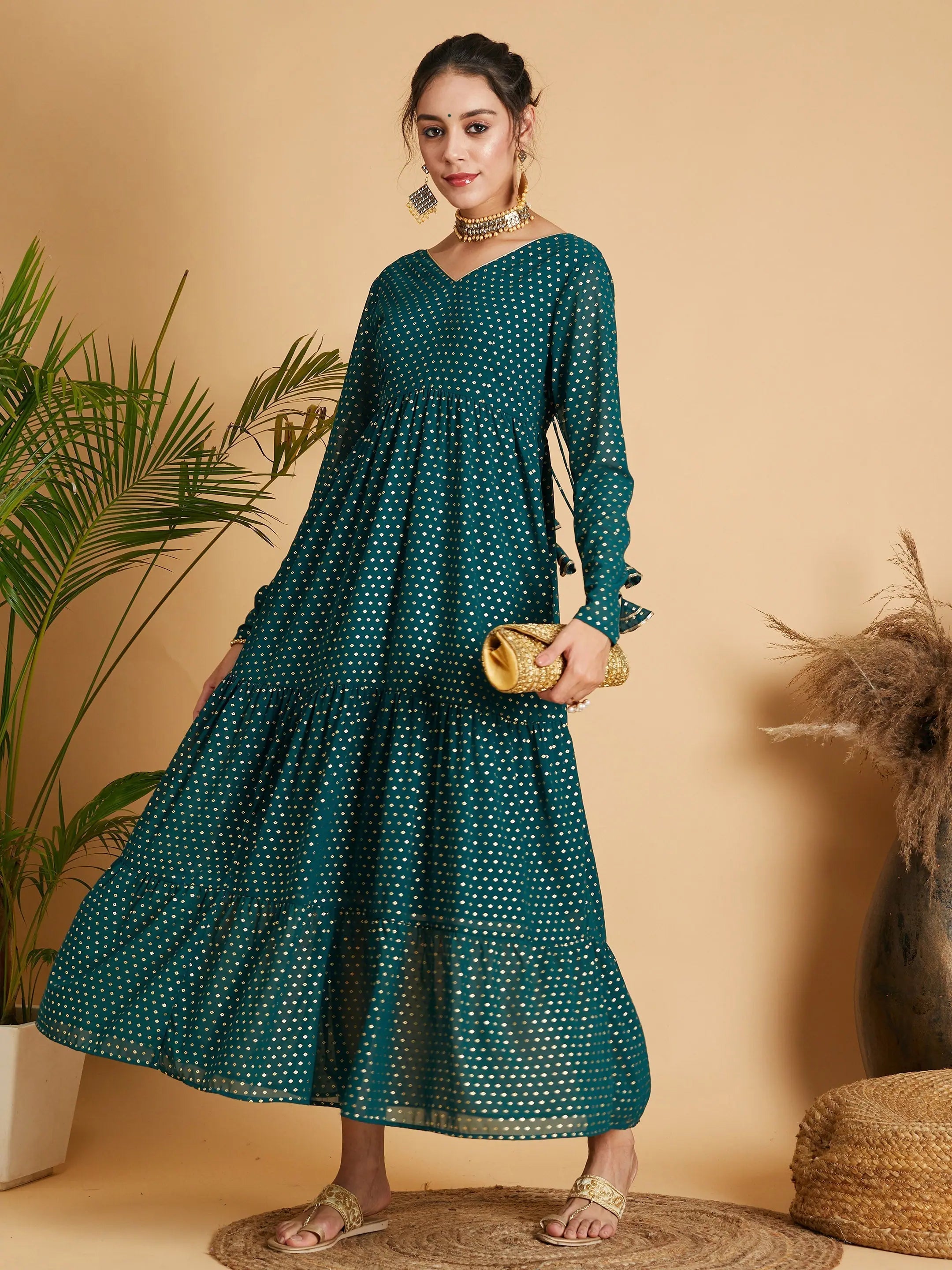 Petite dresses for womenWomen Emerald Dot Foil Print Tiered Maxi Dress