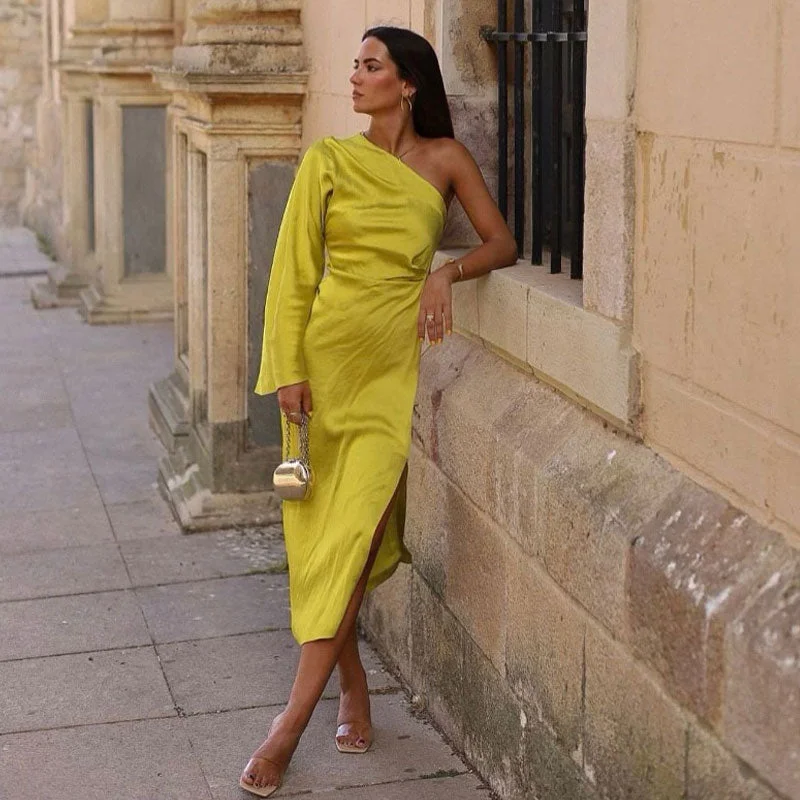 Long flowy dresses for womenAsymmetric One Shoulder Bell Sleeve Split Midi Dress - Chartreuse Yellow