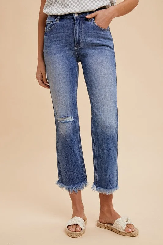 Stretch denim jeans with a high stretch factor for comfort and mobilityAnnie Wear Distressed Raw Hem Straight Leg Cropped Jeans