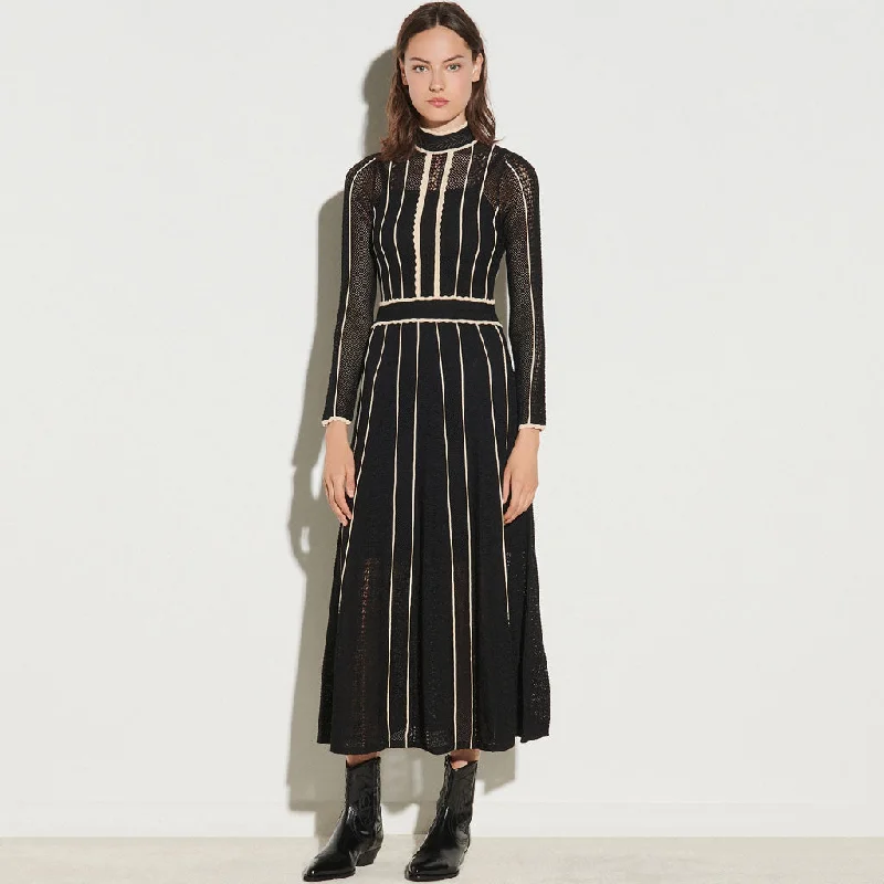 A-line dresses for womenFlattering Stripe Long Sleeve High Neck Knit Pointelle Midi Dress - Black