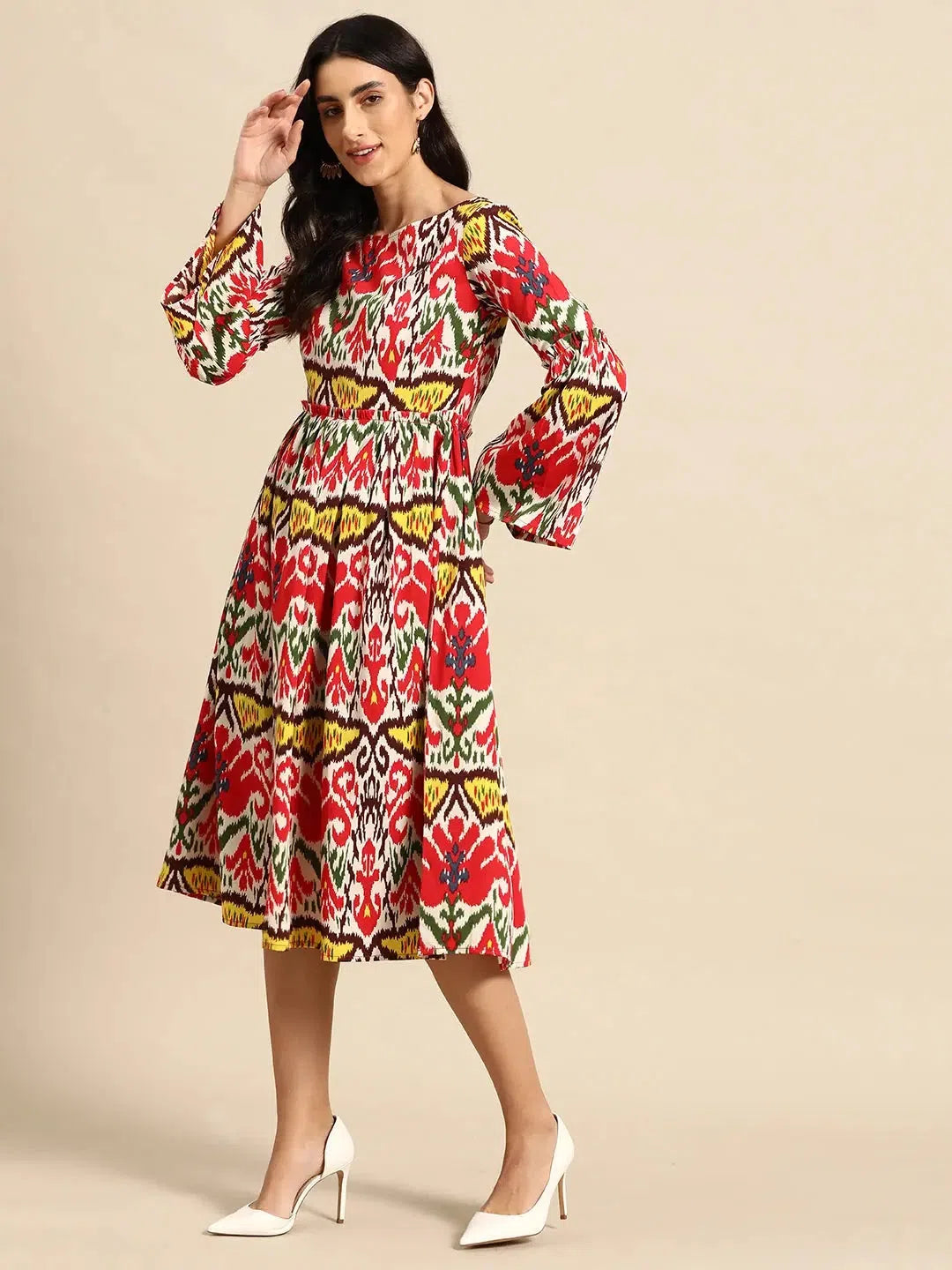 Little black dresses (LBDs) for womenMidi Dress with bell sleeve in Red and Cream Ikkat Print