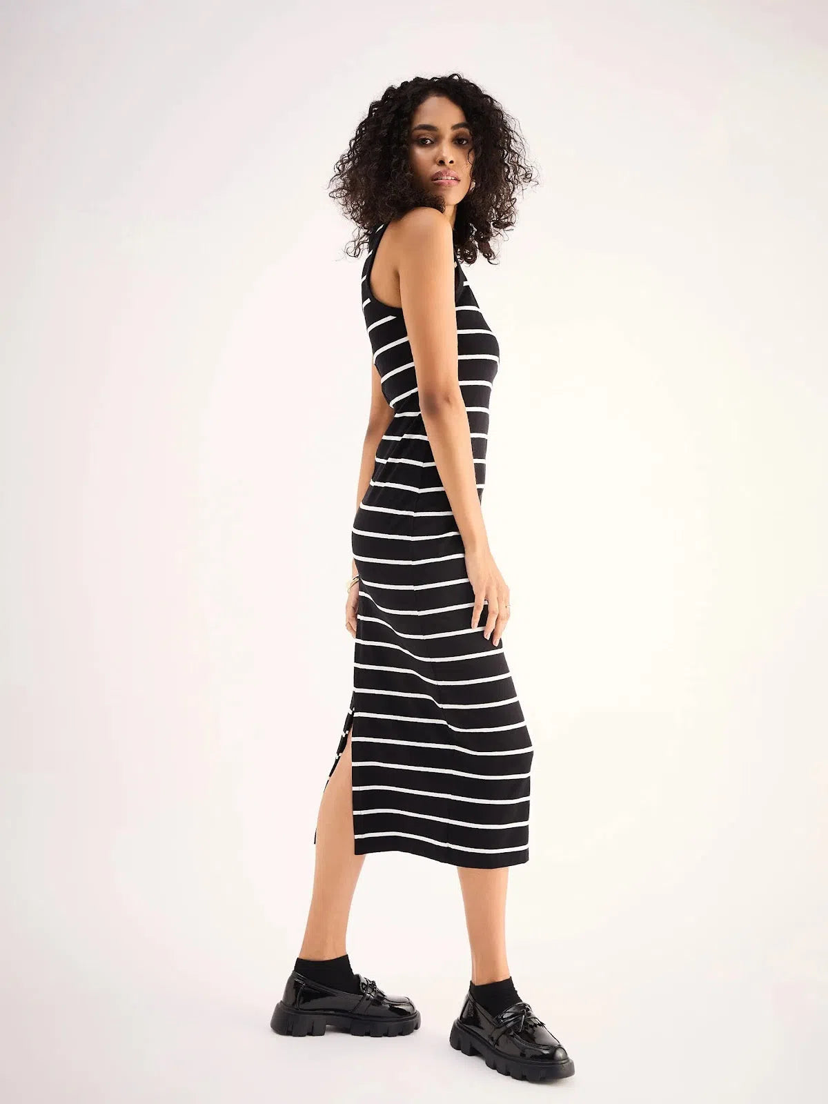 Polka dot dresses for womenWomen Black White Stripe Midi Dress