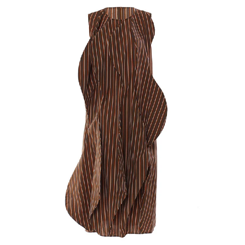 Loose-fitting dresses for womenRetro 3D Wave Round Neck Vertical Striped Sleeveless Midi Dress