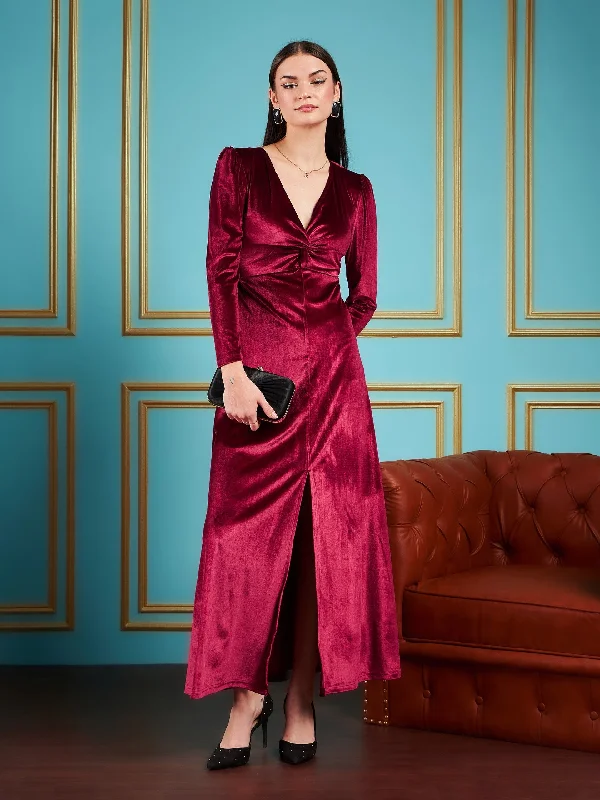 Bridesmaid dresses for womenWomen Maroon Velvet Front Twisted Maxi Dress