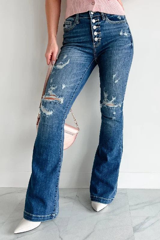 Jeans with an embroidered floral pattern for a feminine touchGage Judy Blue Mid Rise Distressed Button Fly Flare Jeans (Dark)