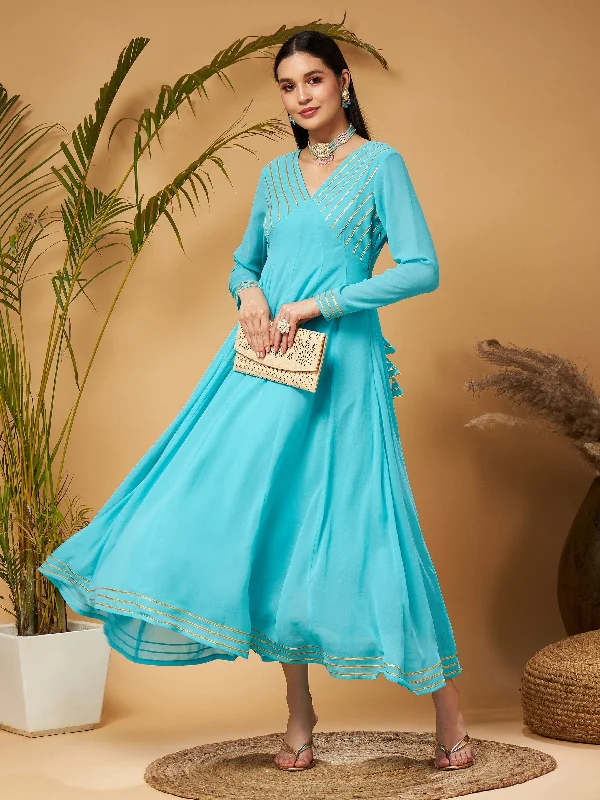 Limited edition dresses for collectorsWomen Blue Gota Lace Detail Anarkali Maxi Dress