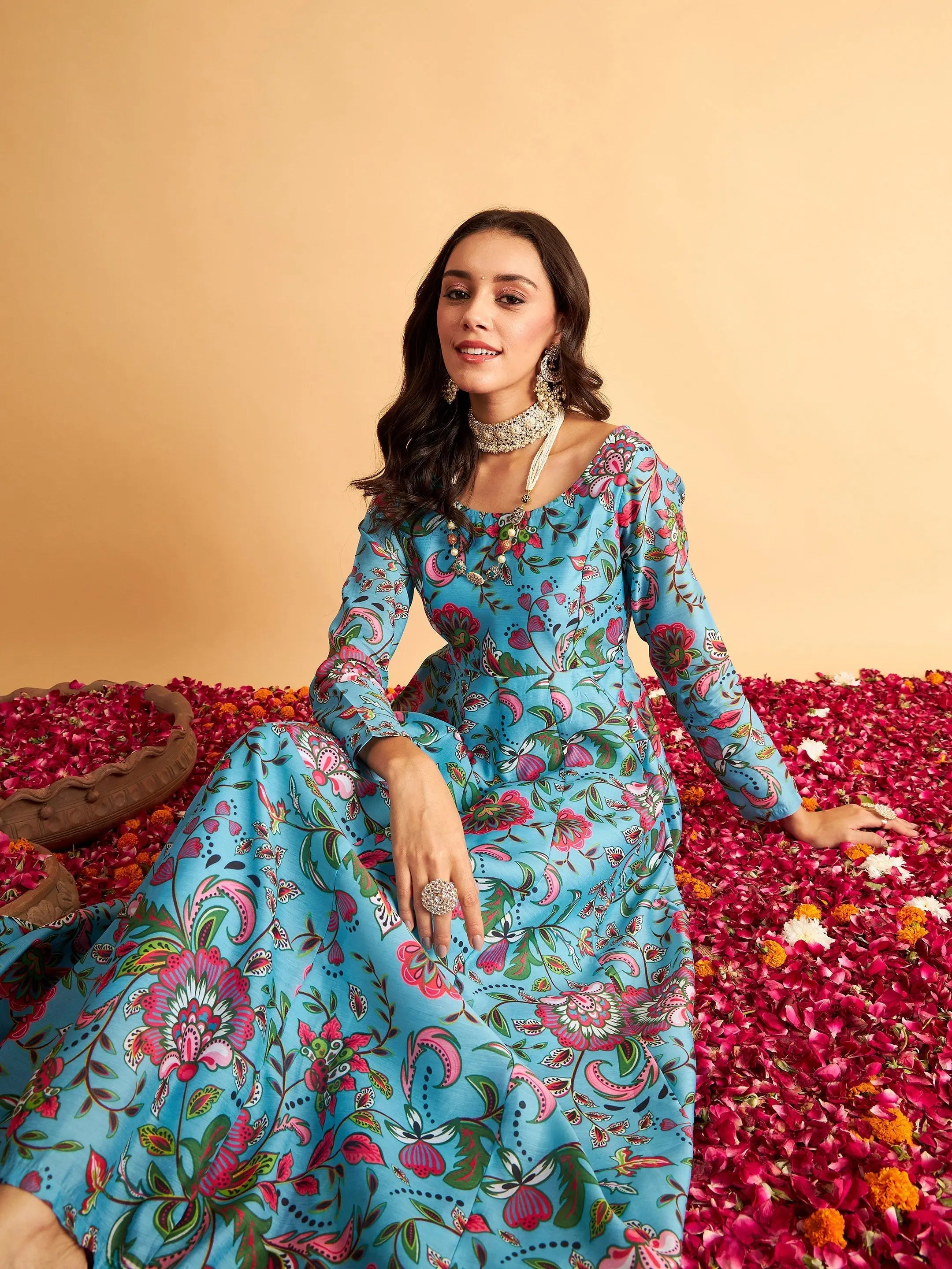 Dancewear dresses for performancesWomen Blue Floral Round Neck Anarkali Maxi Dress