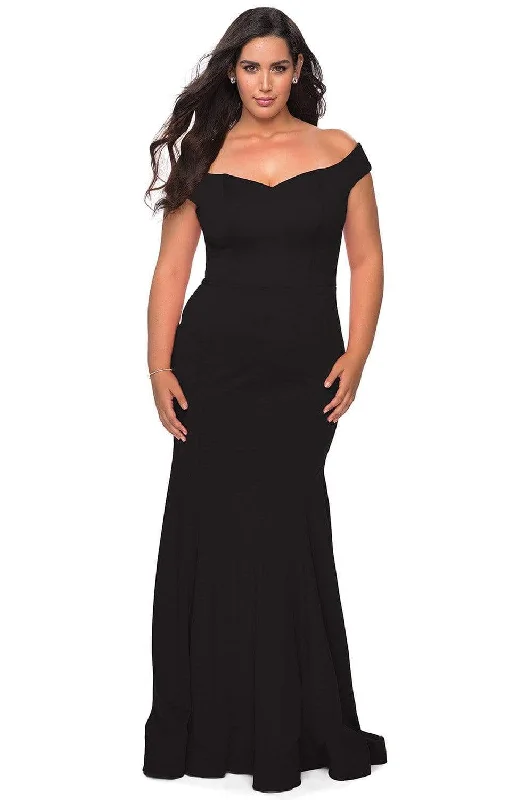 Peplum dresses for womenLa Femme - 28963 Off-Shoulder Jersey Simple Prom Dress