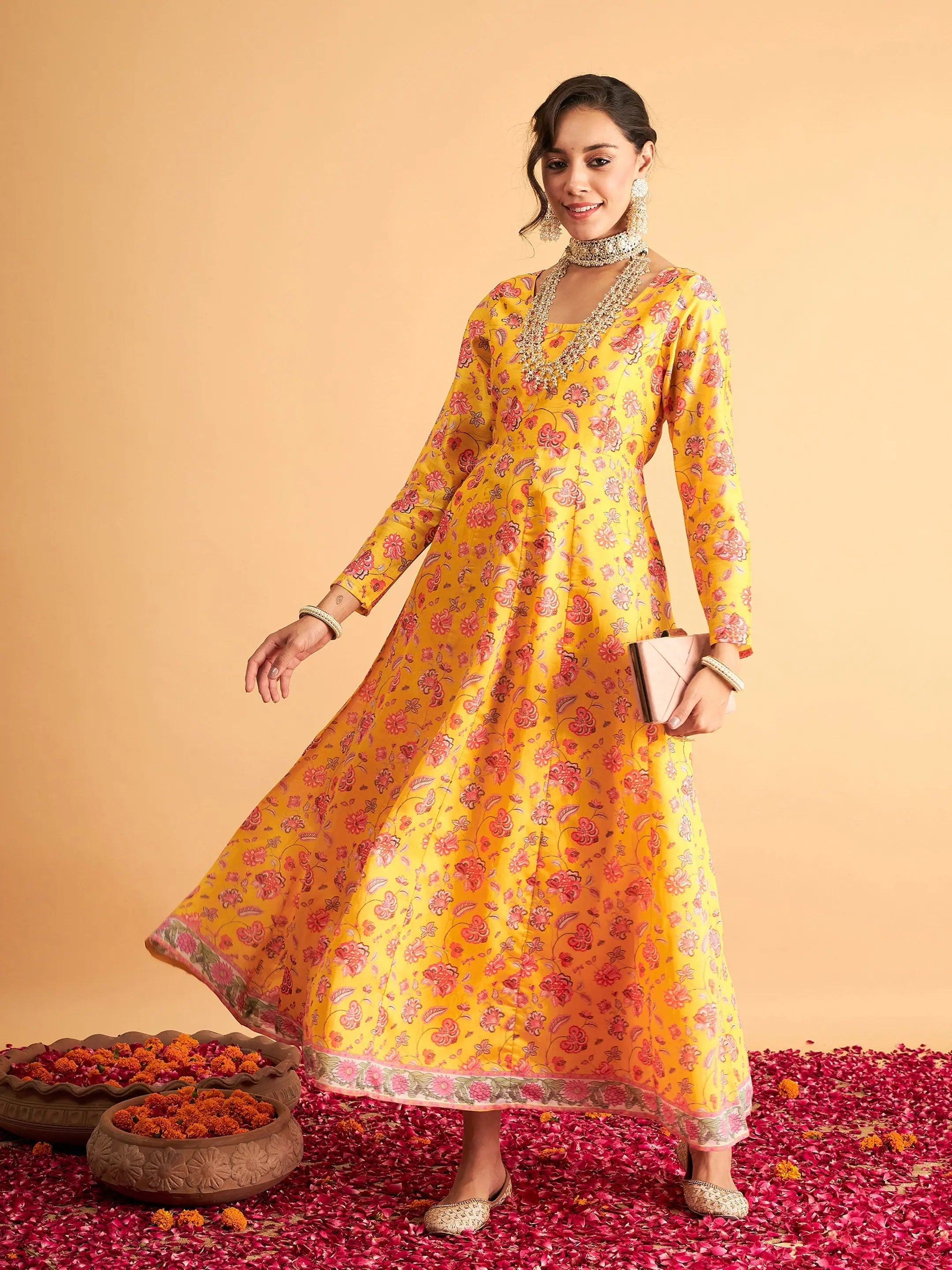 Handmade dresses for unique fashion statementsWomen Yellow Floral Anarkali Maxi Dress-SHDRS11641XS